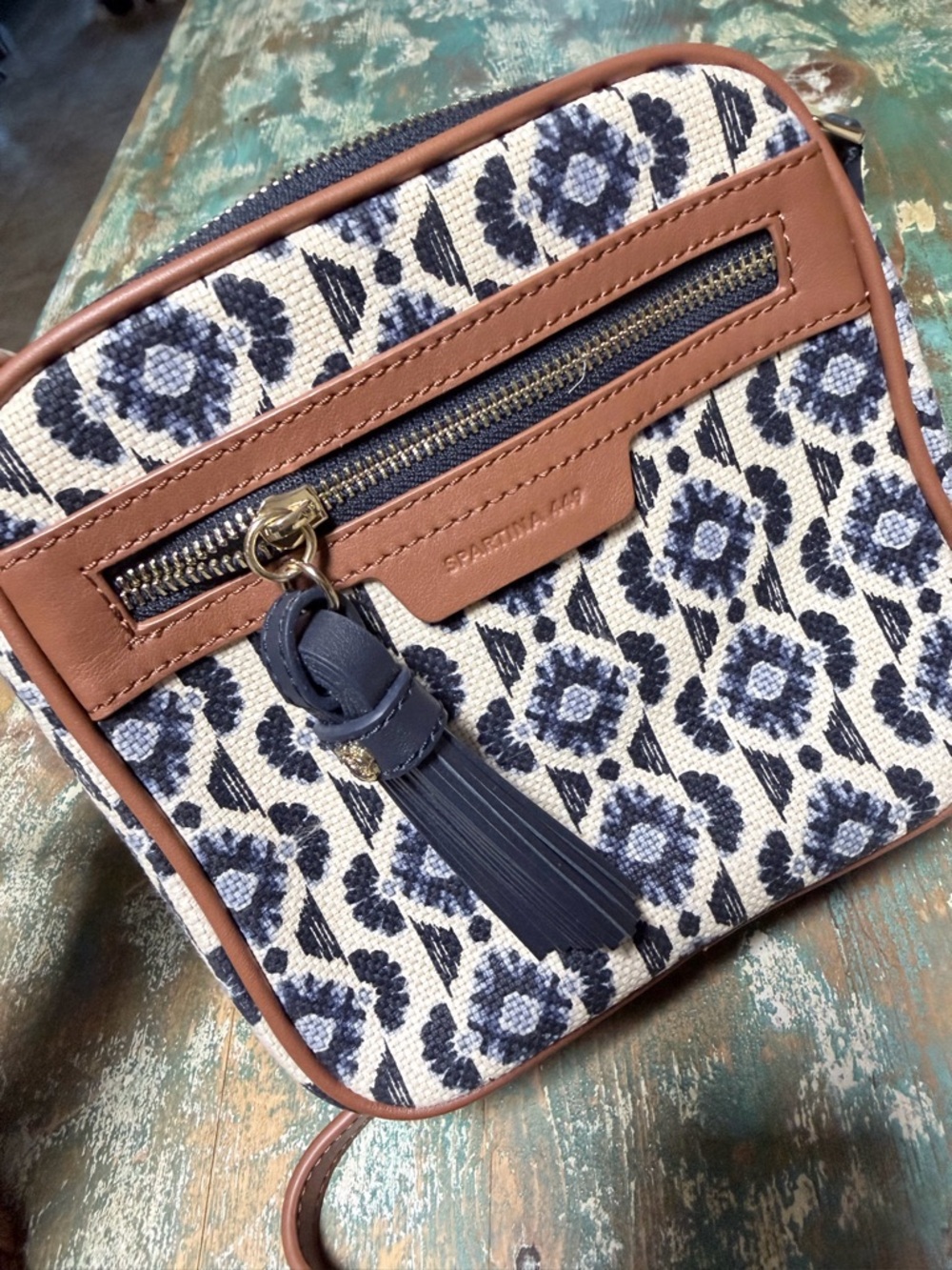 Spartina 449 Navy and Cream Floral Jacquard Crossbody with Tan Trim
